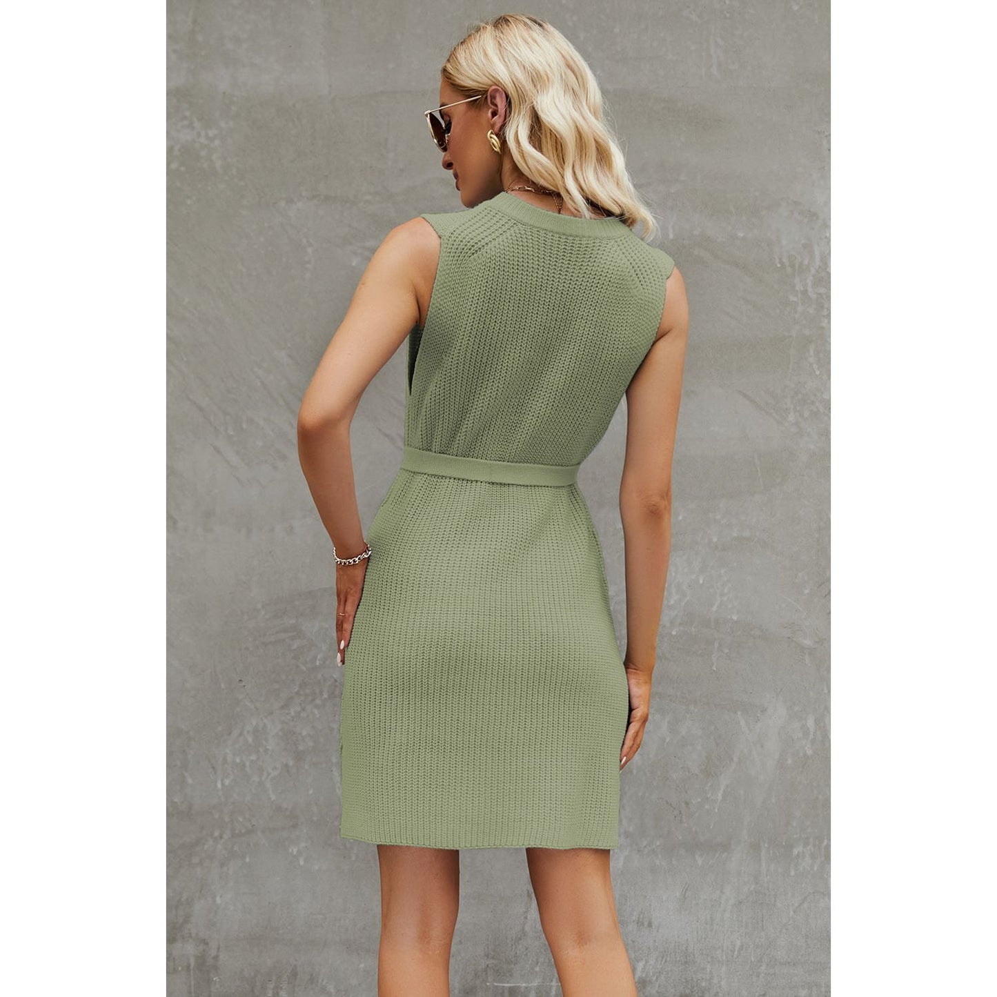 Tied Round Neck Sleeveless Sweater Dress