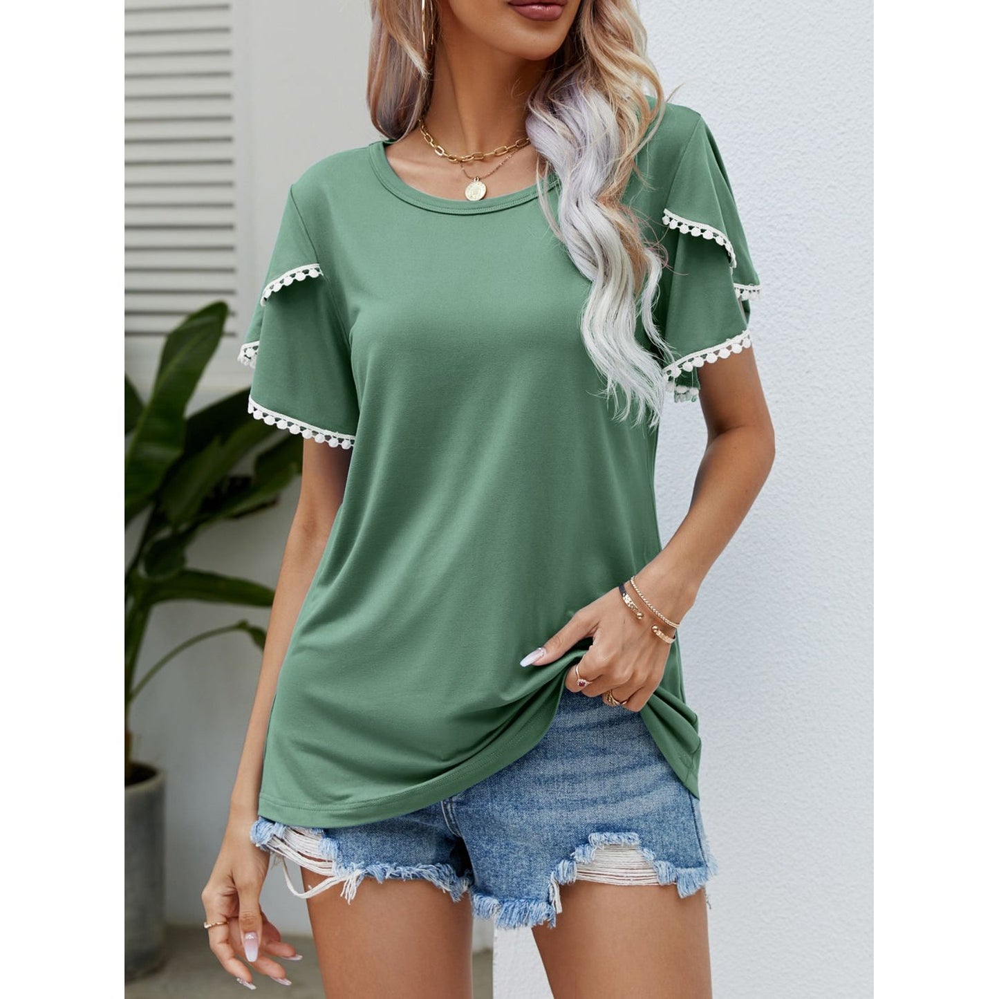 Pom-Pom Trim Flutter Sleeve Round Neck T-Shirt