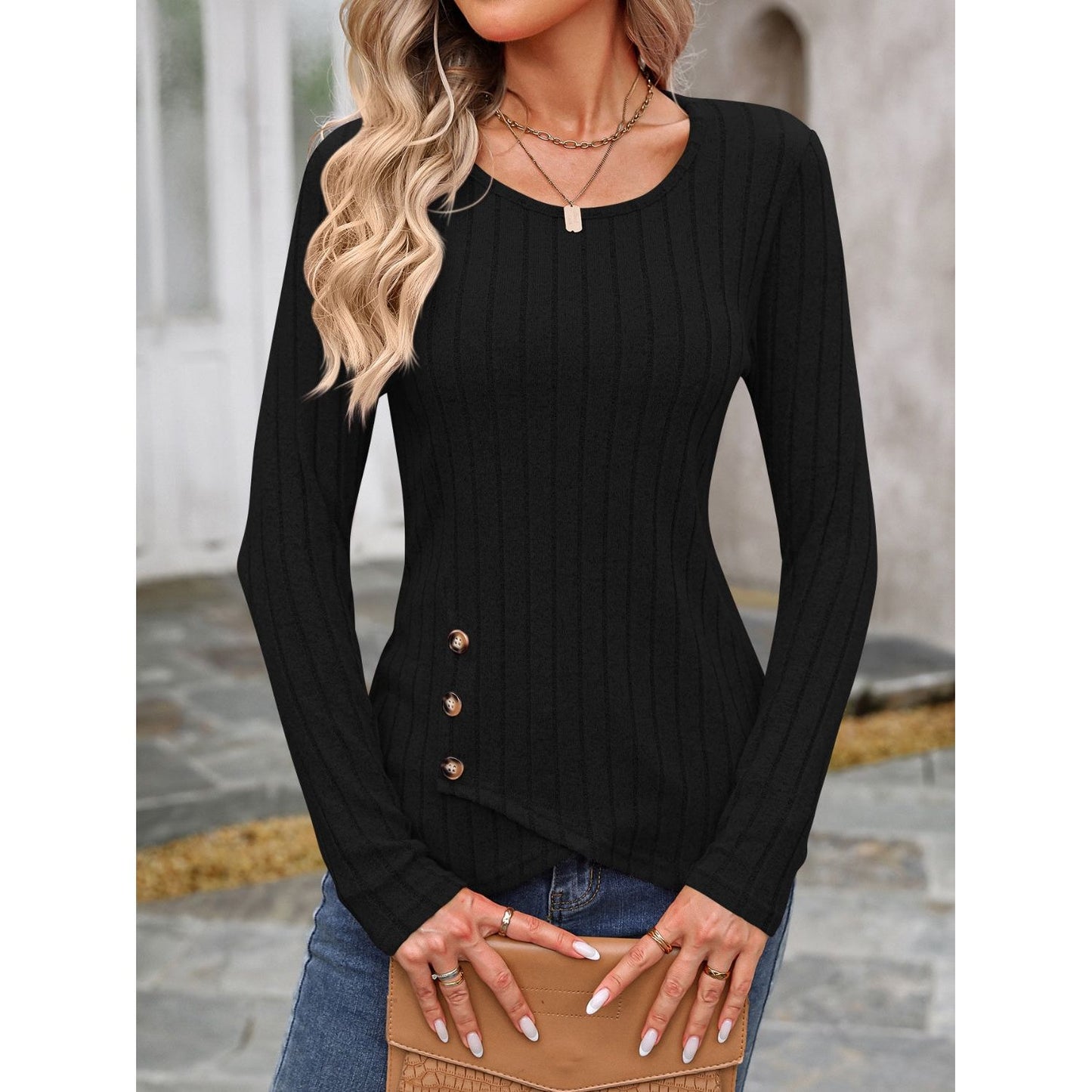 Decorative Button Round Neck Long Sleeve T-Shirt