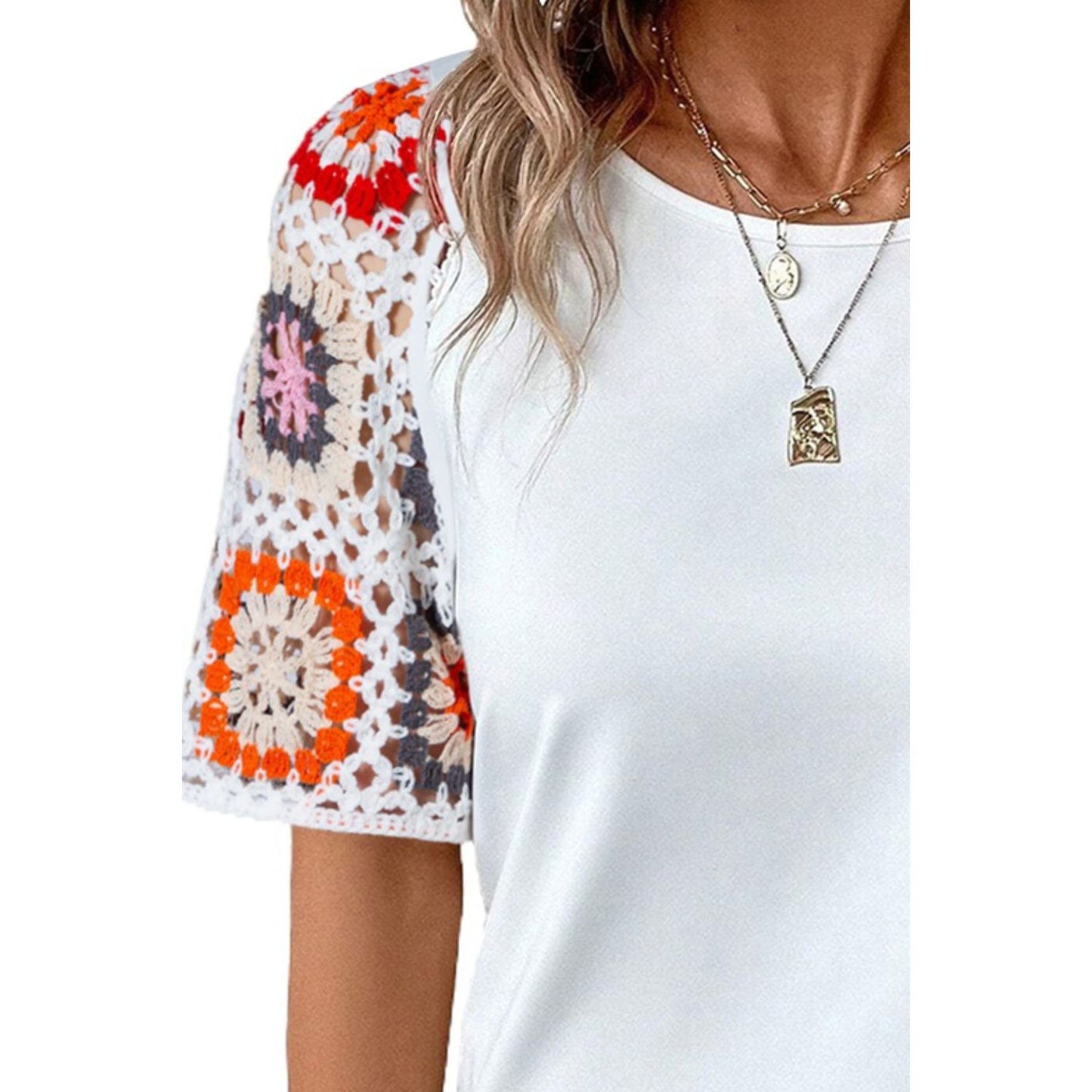 Geometric Round Neck Short Sleeve Blouse