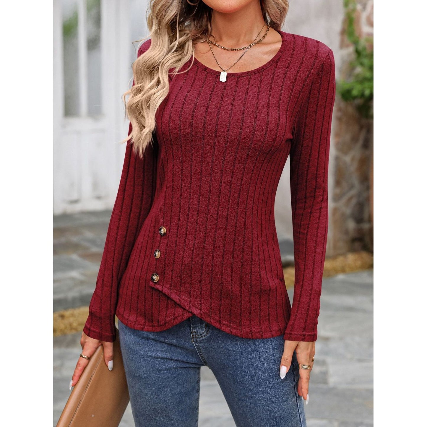 Decorative Button Round Neck Long Sleeve T-Shirt