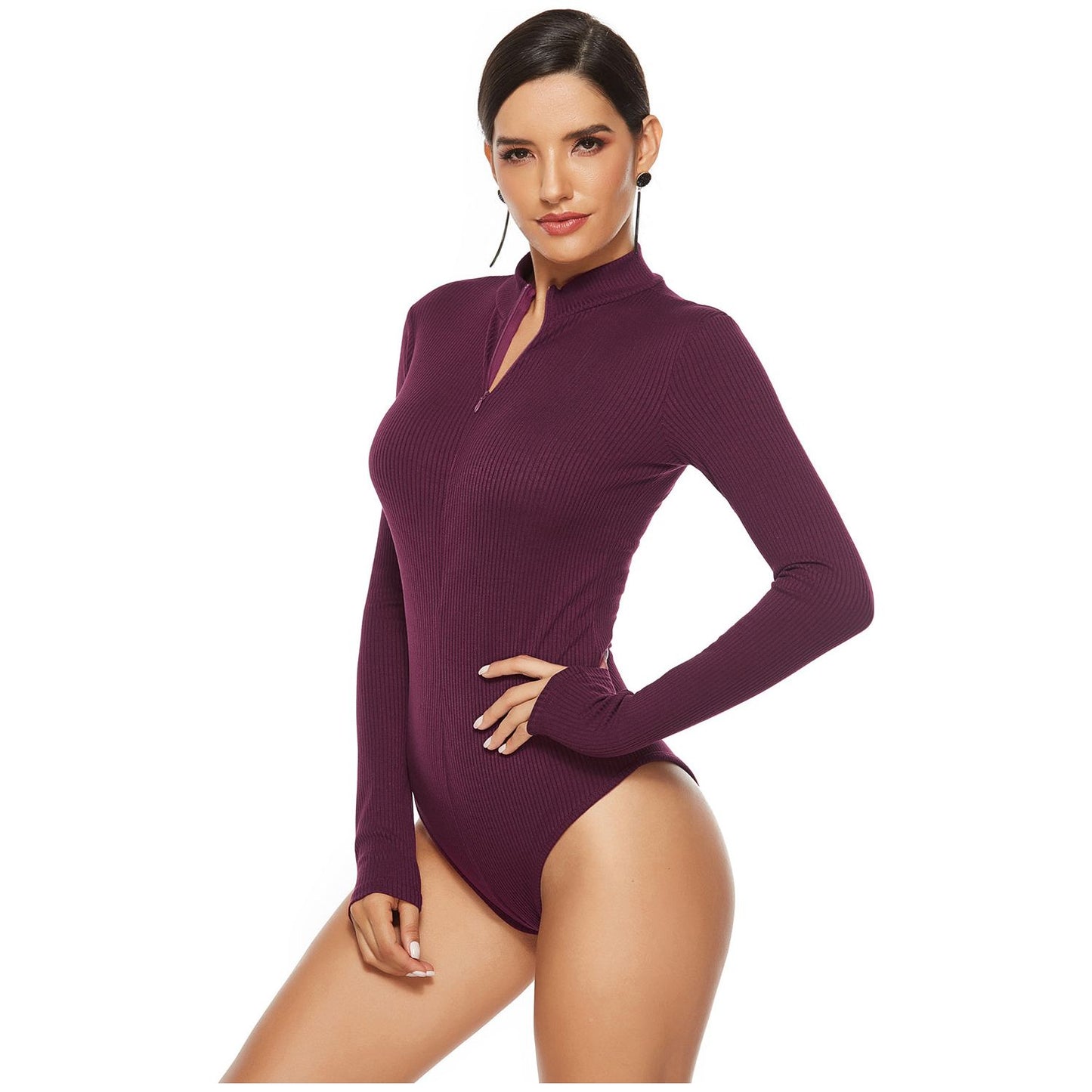 Full Size Ribbed Half Zip Long Sleeve Bodysuit