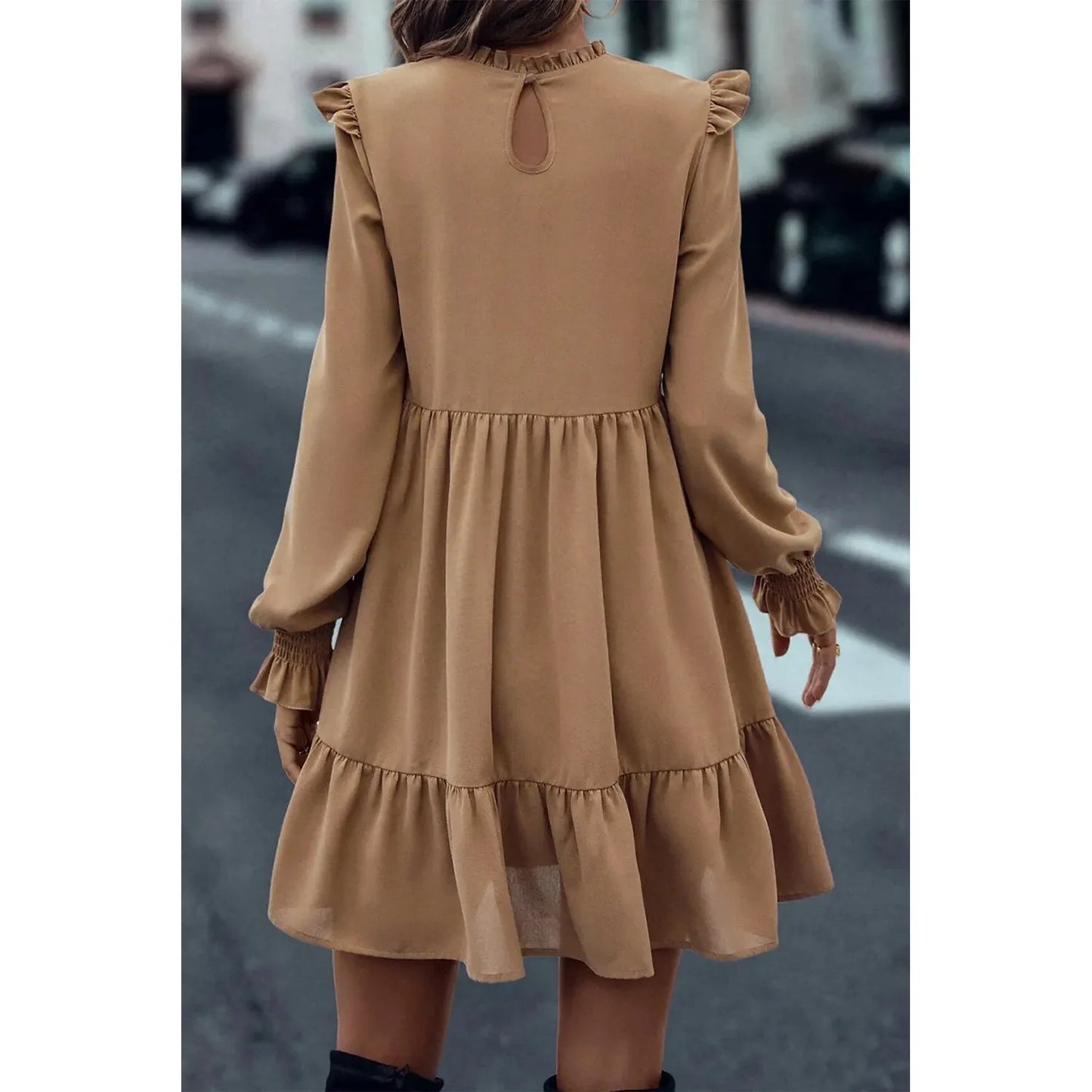 Frill Round Neck Flounce Sleeve Mini Dress