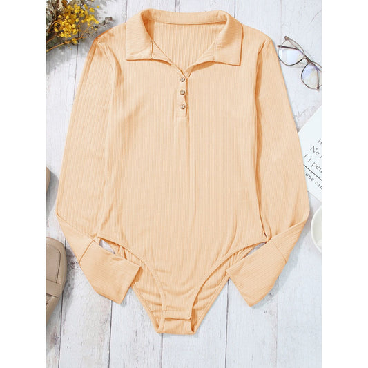 Half Button Collared Neck Long Sleeve Bodysuit