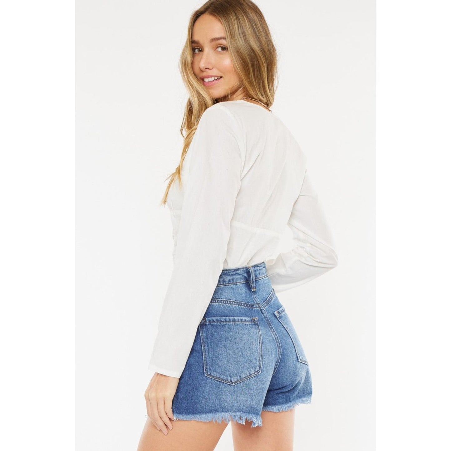 Kancan Distressed Button-Fly High Waist Denim Shorts