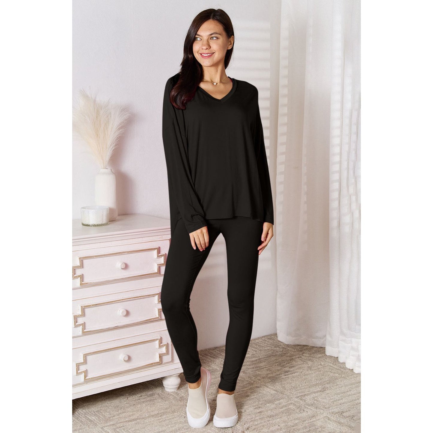 Basic Bae Full Size V-Neck Soft Rayon Long Sleeve Top and Pants Lounge Set