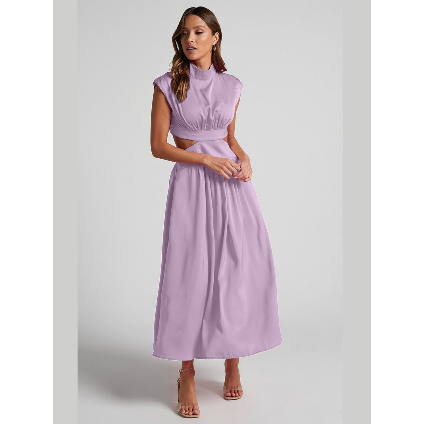 Cutout Mock Neck Sleeveless Ruched Dress