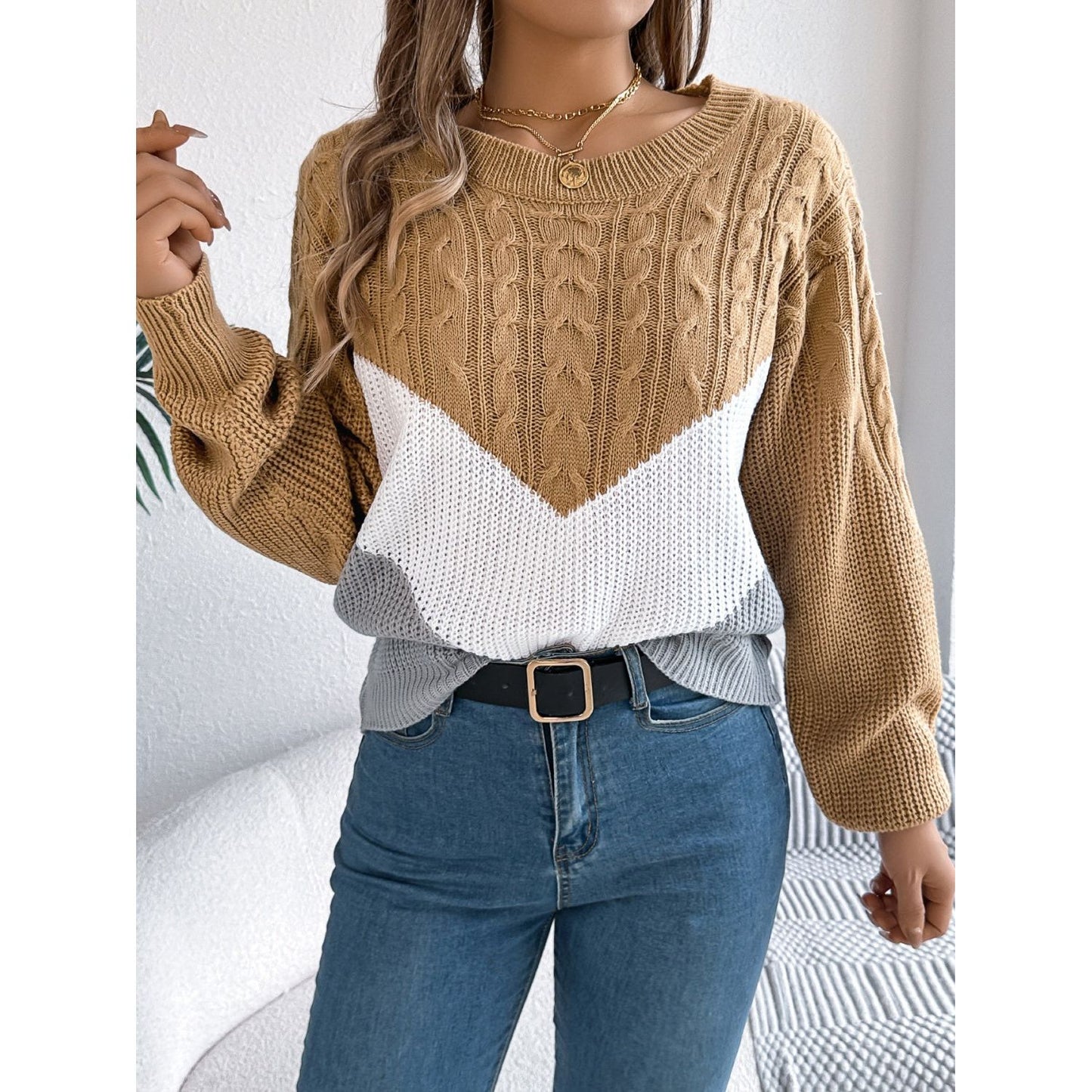 Cable-Knit Color Block Round Neck Sweater