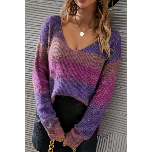 Angel Wings Multicolored Rib-Knit V-Neck Knit Pullover