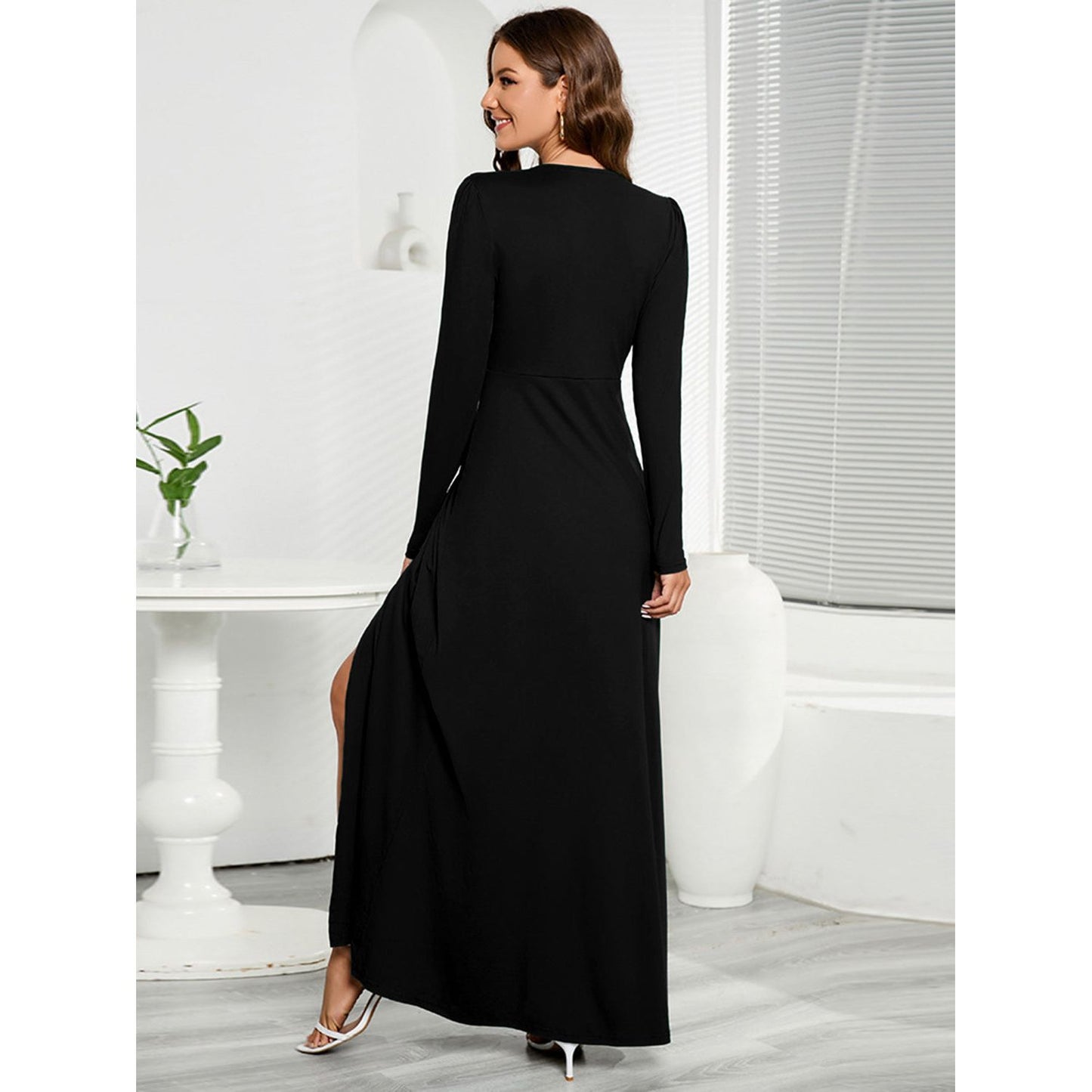 V-Neck Long Sleeve Split Dress