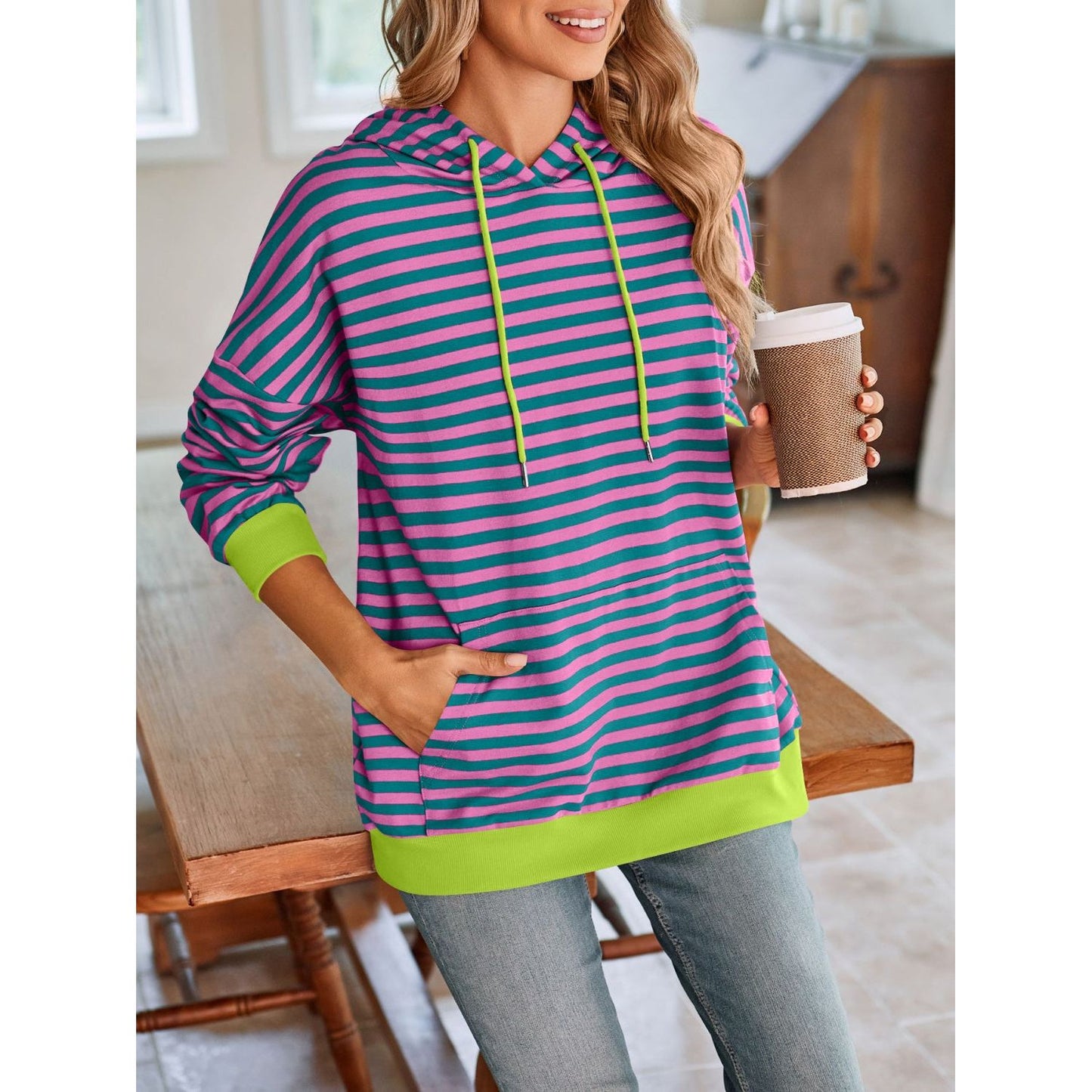 Lovelet Drawstring Striped Long Sleeve Hoodie