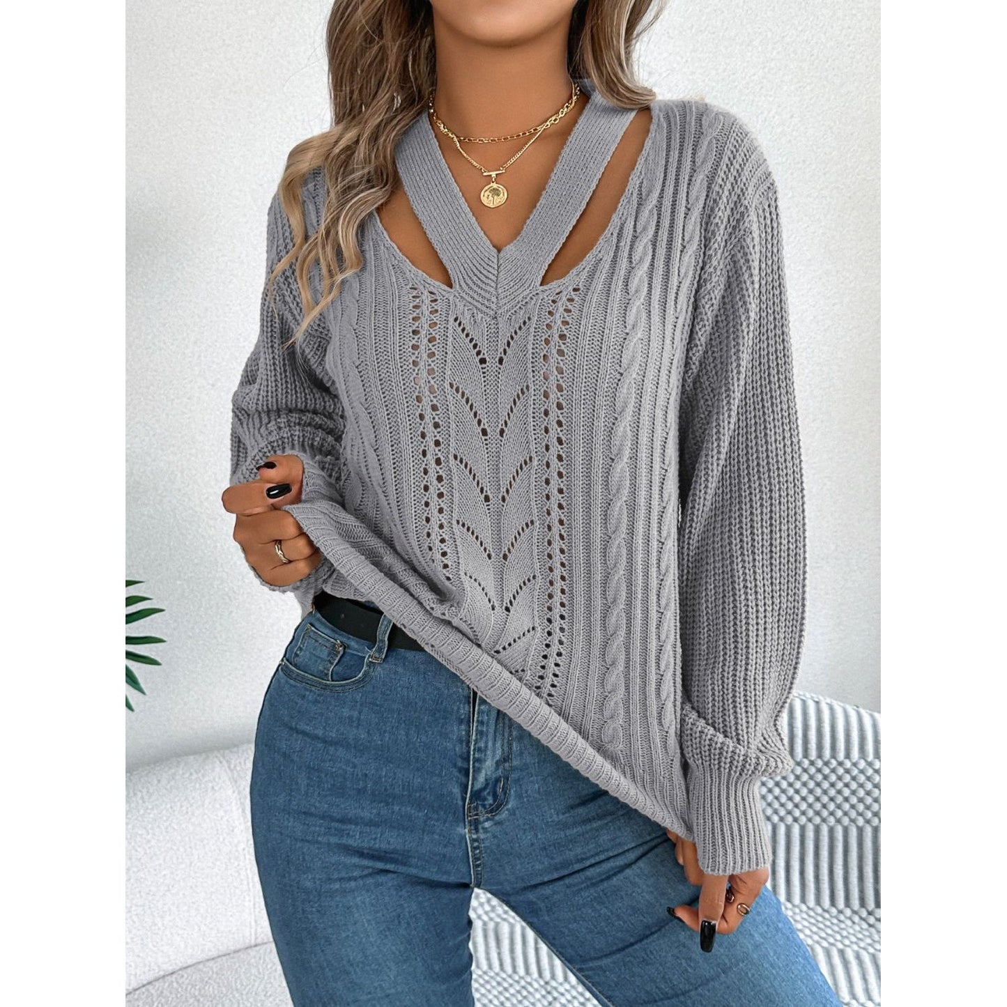 Cutout V-Neck Long Sleeve Sweater