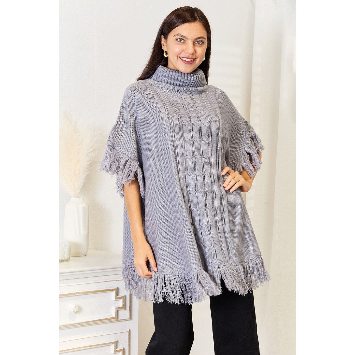 Justin Taylor Turtle Neck Fringe Poncho