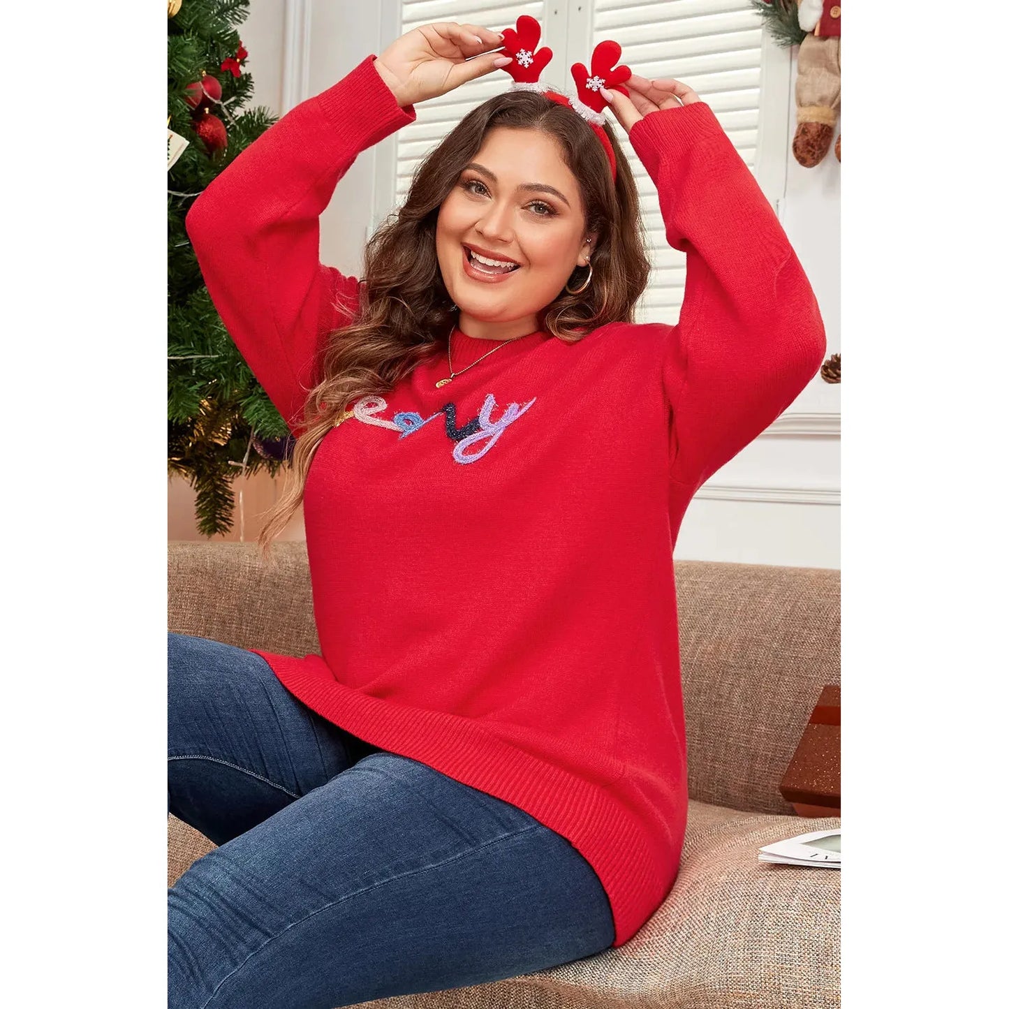 Plus Size MERRY Round Neck Long Sleeve Sweater