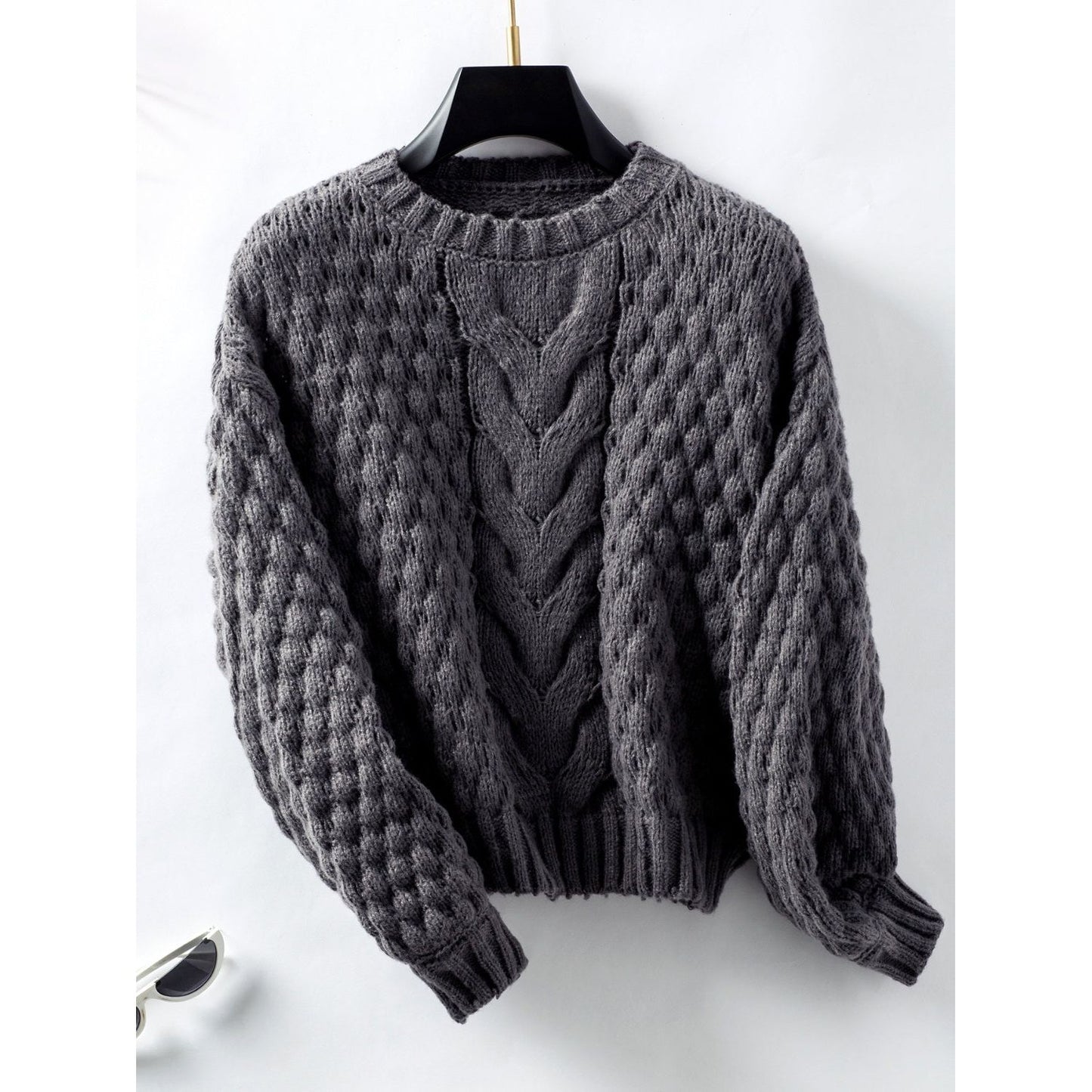 Cable-Knit Round Neck Long Sleeve Sweater