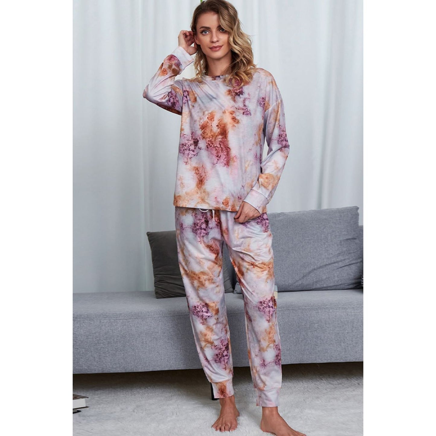 Shiny Tie-Dye Crewneck Top and Drawstring Waist Joggers Lounge Set