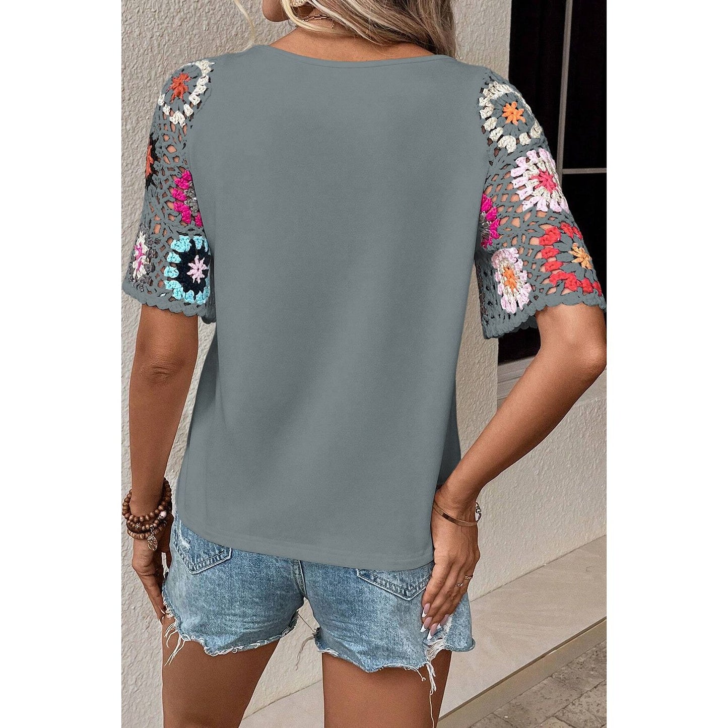 Geometric Round Neck Short Sleeve Blouse