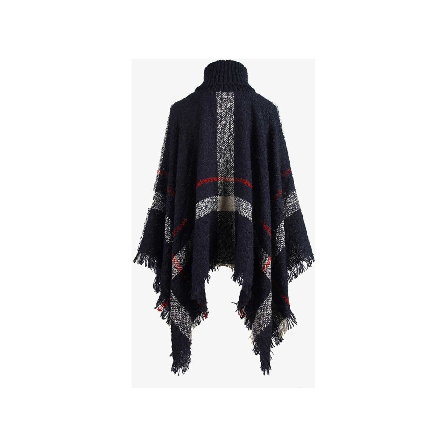 Plaid Turtleneck Raw Hem Poncho