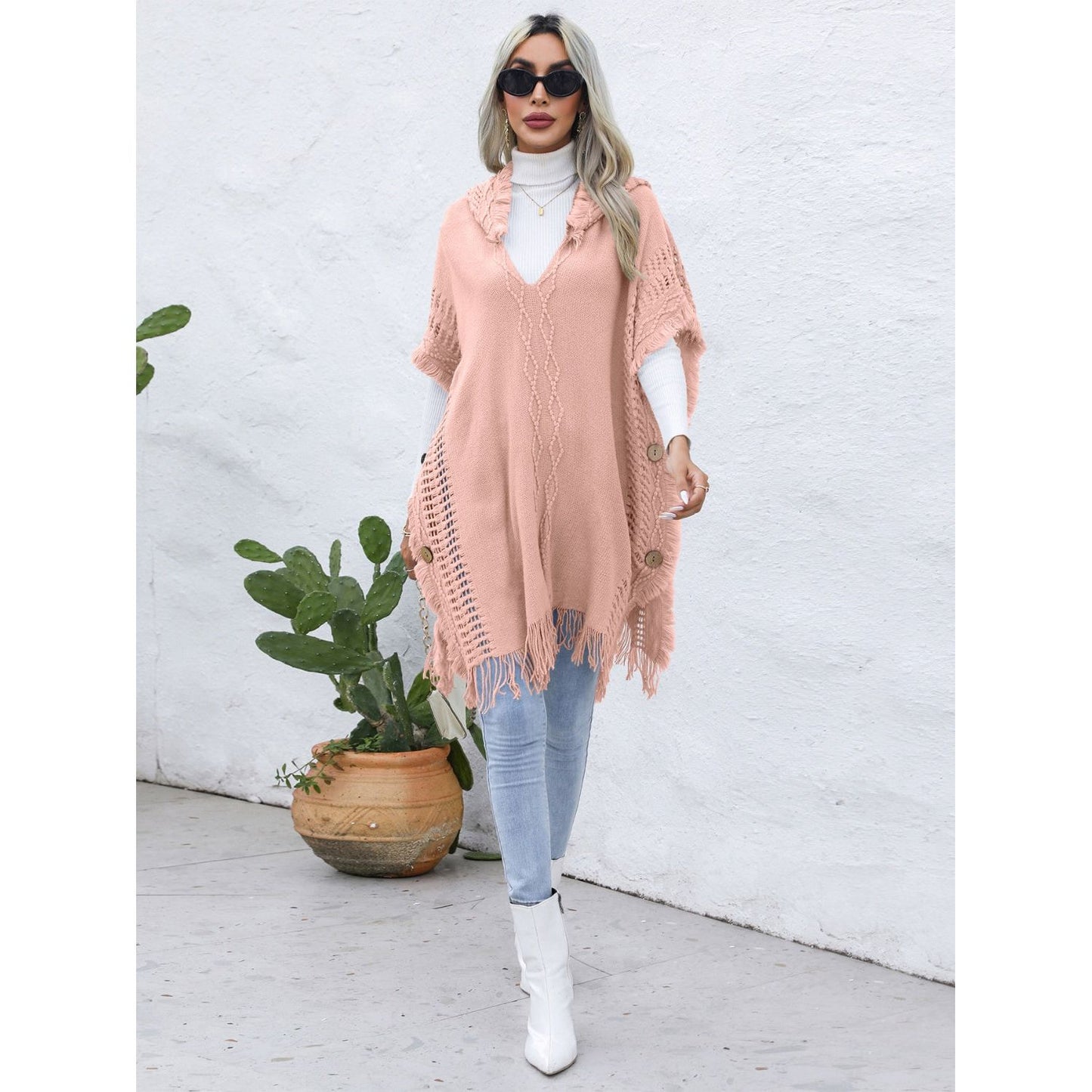 Fringe Trim Buttoned Hooded Poncho