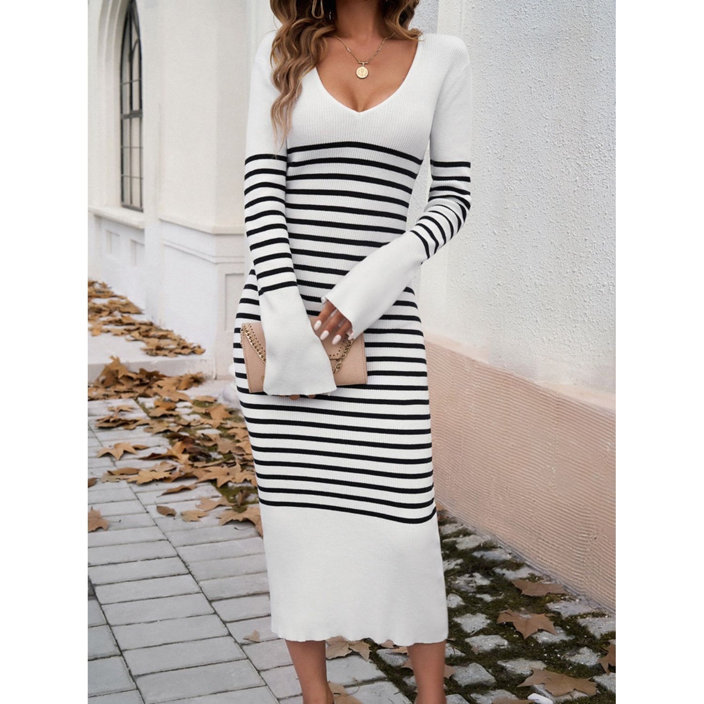 Devine Striped V-Neck Long Sleeve Sweater Dress