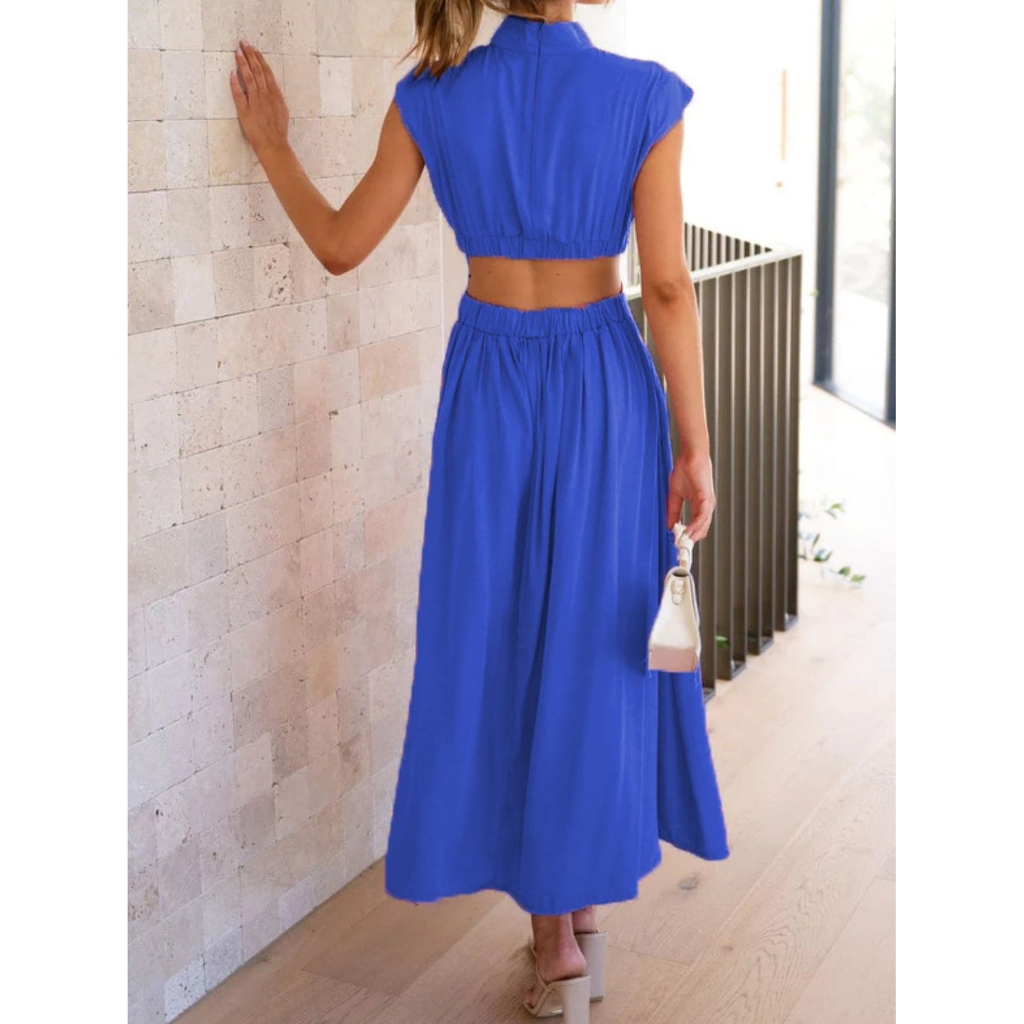 Cutout Mock Neck Sleeveless Ruched Dress