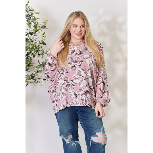 Heimish Full Size Floral V-Neck Balloon Sleeve Blouse