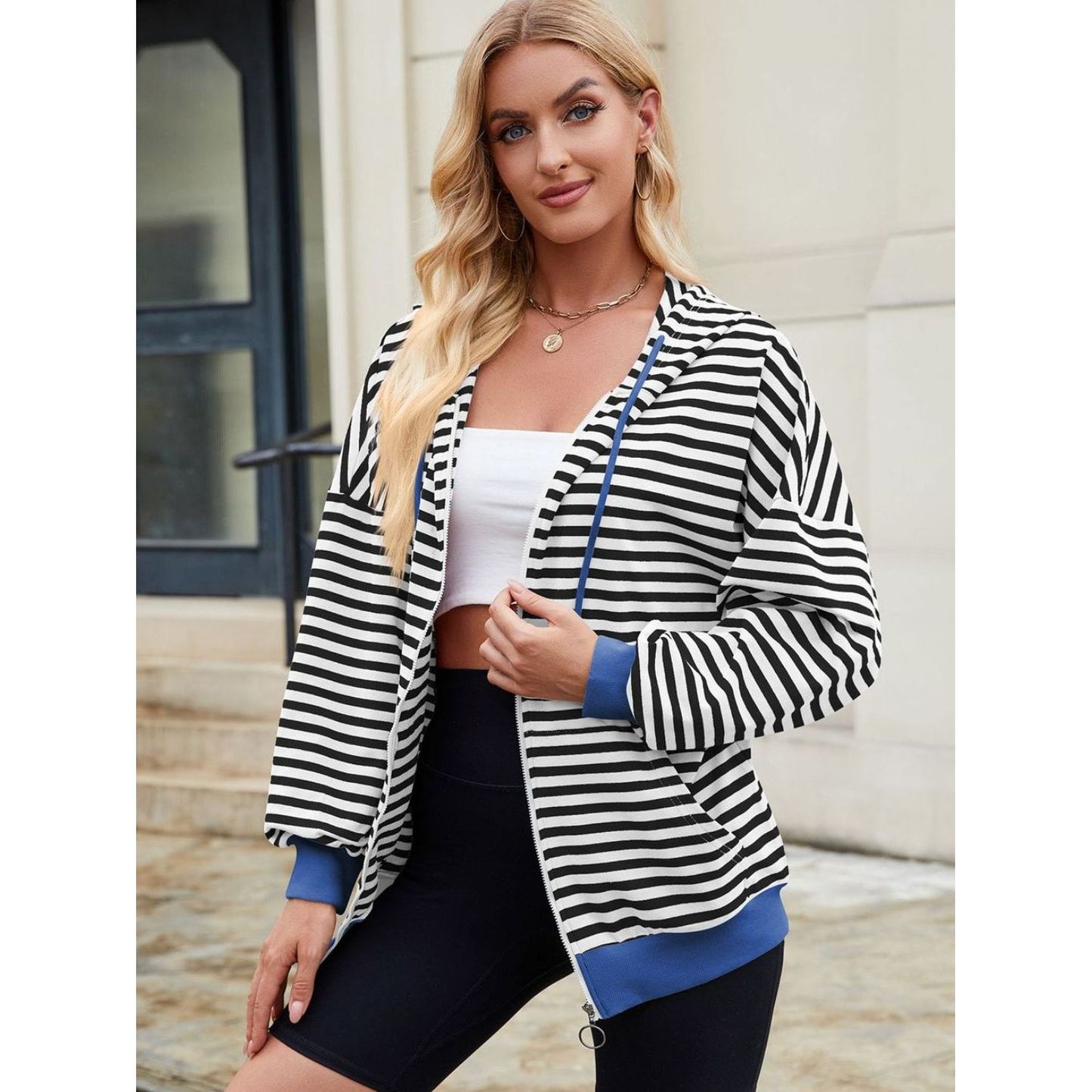 Drawstring Striped Zip Up Long Sleeve Hoodie