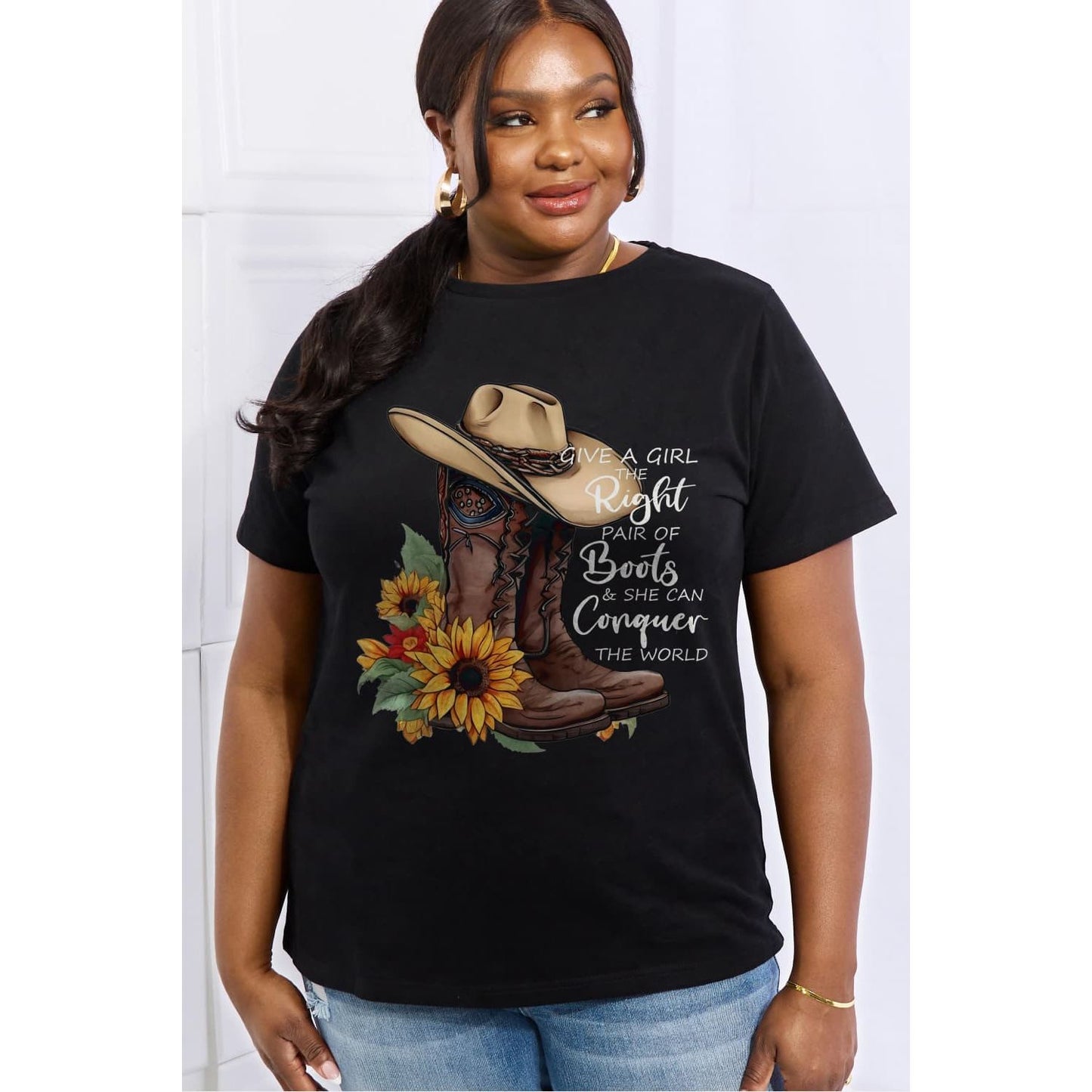 Simply Love Full Size Cowboy Hat & Boots Graphic Cotton Tee