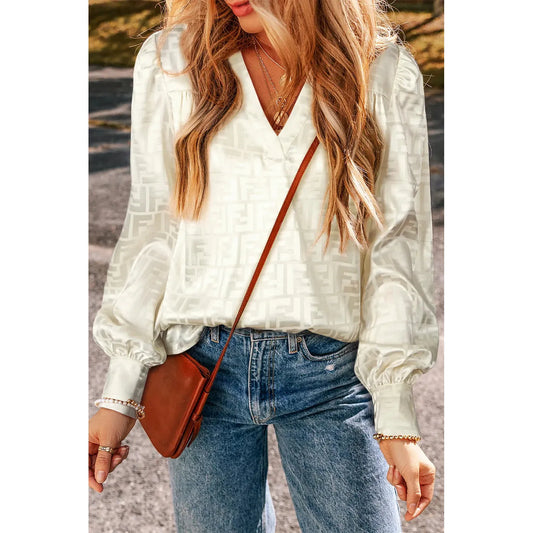 Geometric V-Neck Long Sleeve Blouse