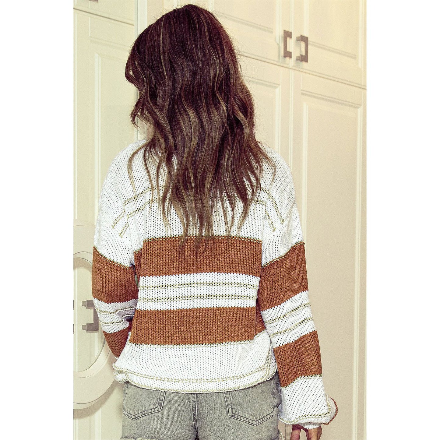 Striped Drop Shoulder Lantern Sleeve Sweater