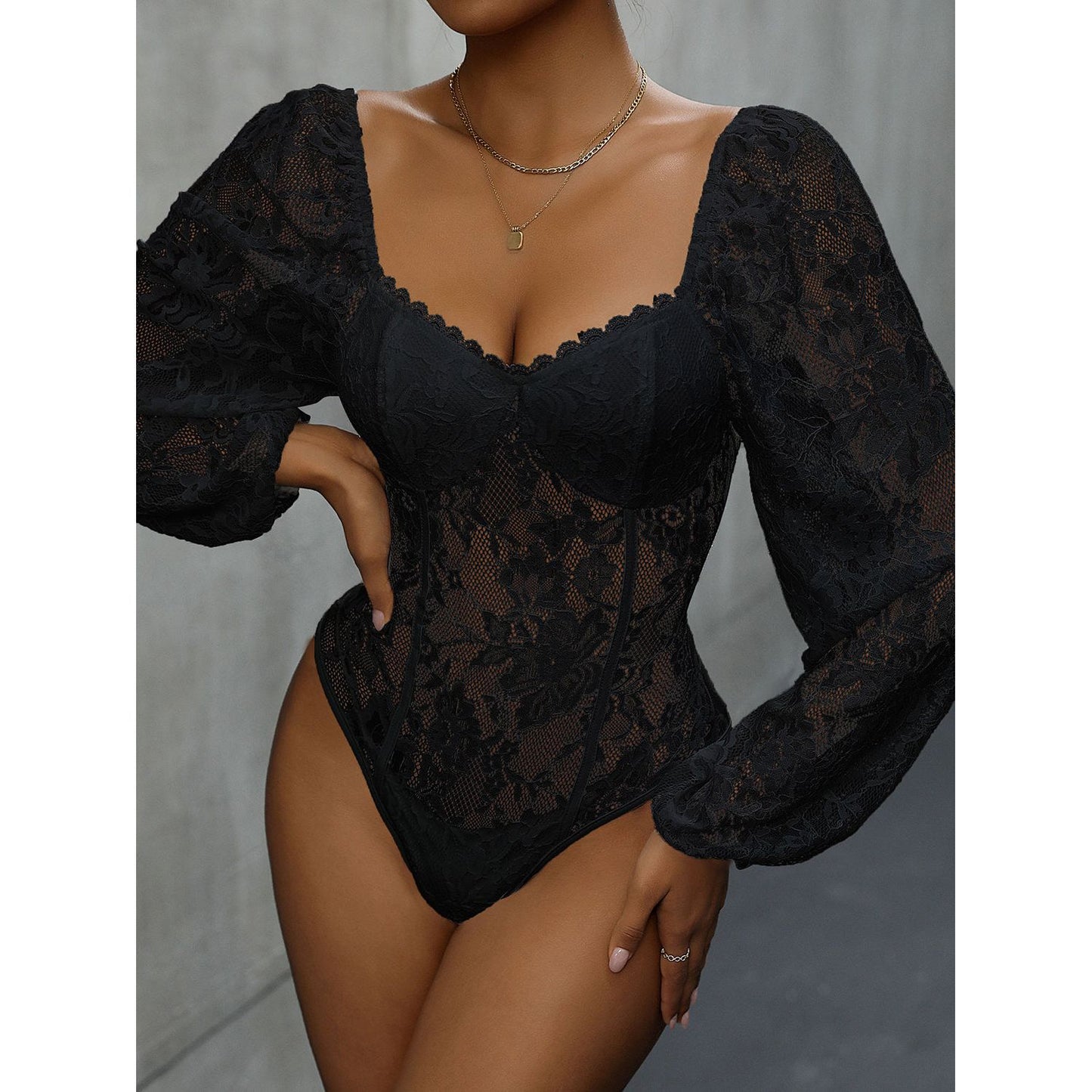 Perfee Lace Balloon Sleeve Bodysuit