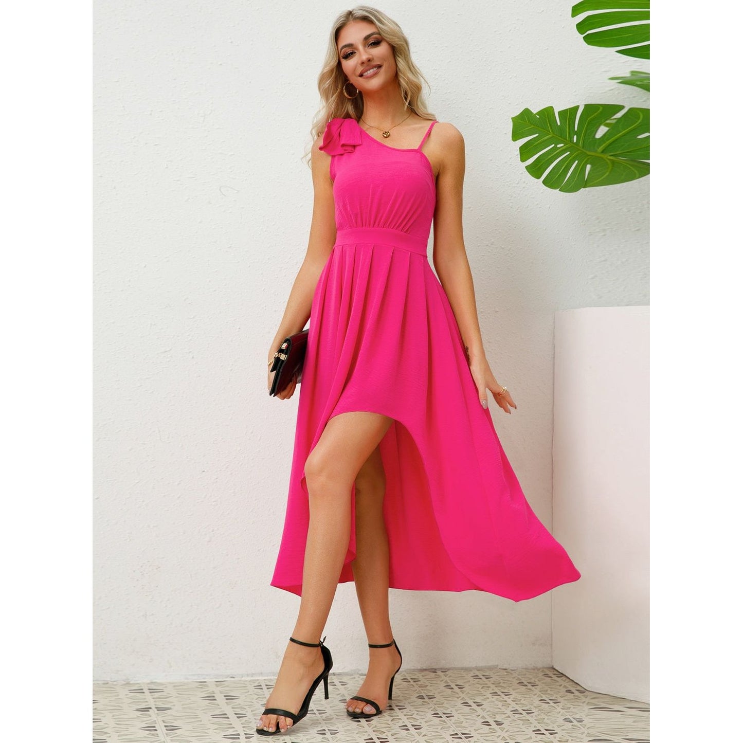 Bow Asymmetrical Neck Sleeveless Dress