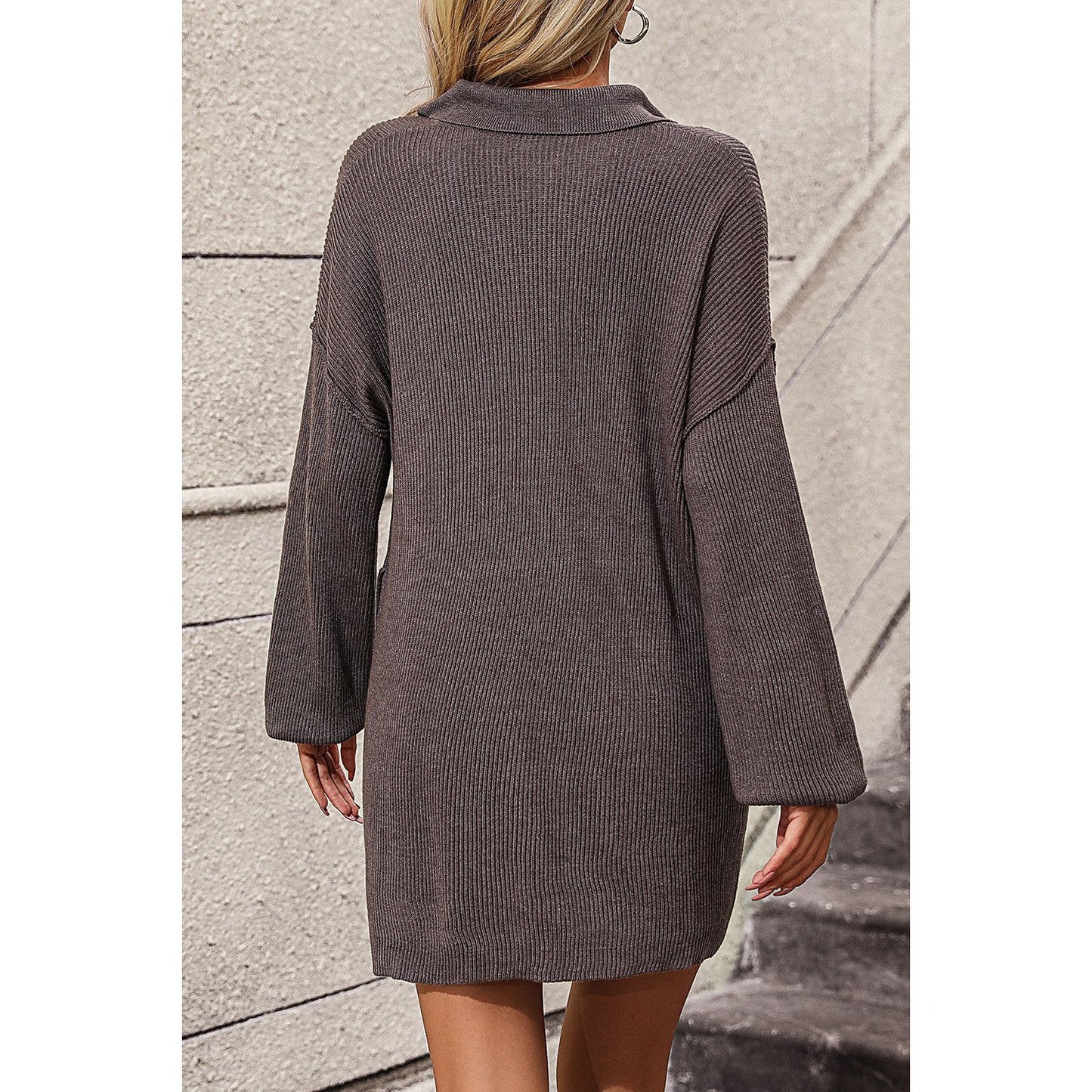 Collared Neck Long Sleeve Sweater Dress with Pockets