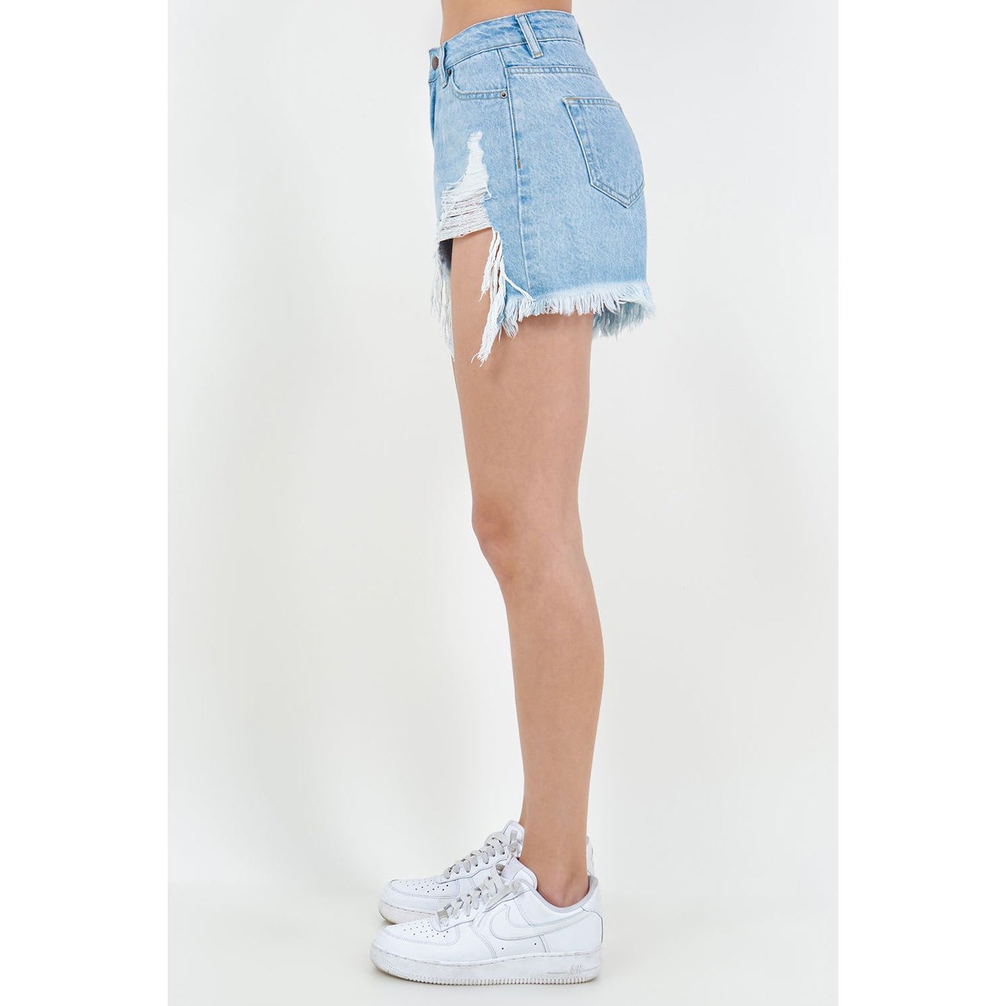 American Bazi High Waist Fringed Hem Denim Shorts