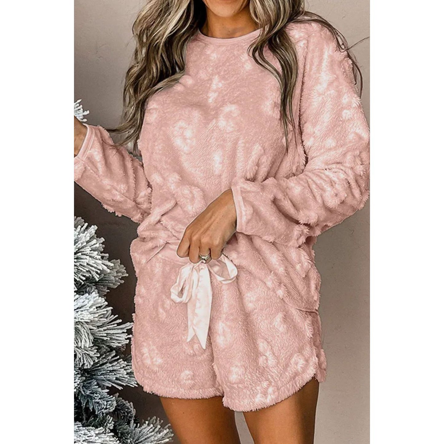 Round Neck Long Sleeve Top and Shorts Lounge Set