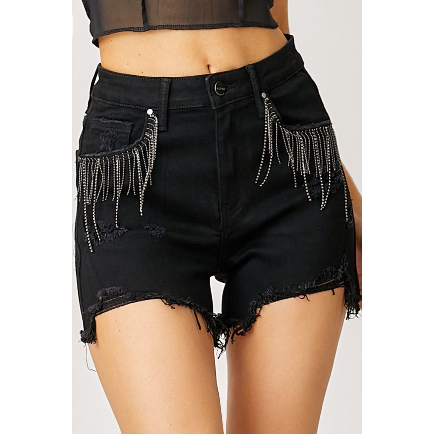 RISEN Frayed Hem Denim Shorts with Fringe Detail Pockets