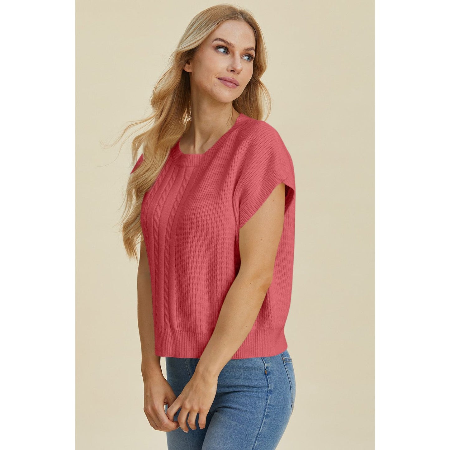 Double Take Full Size Cable-Knit Round Neck Short Sleeve Sweater