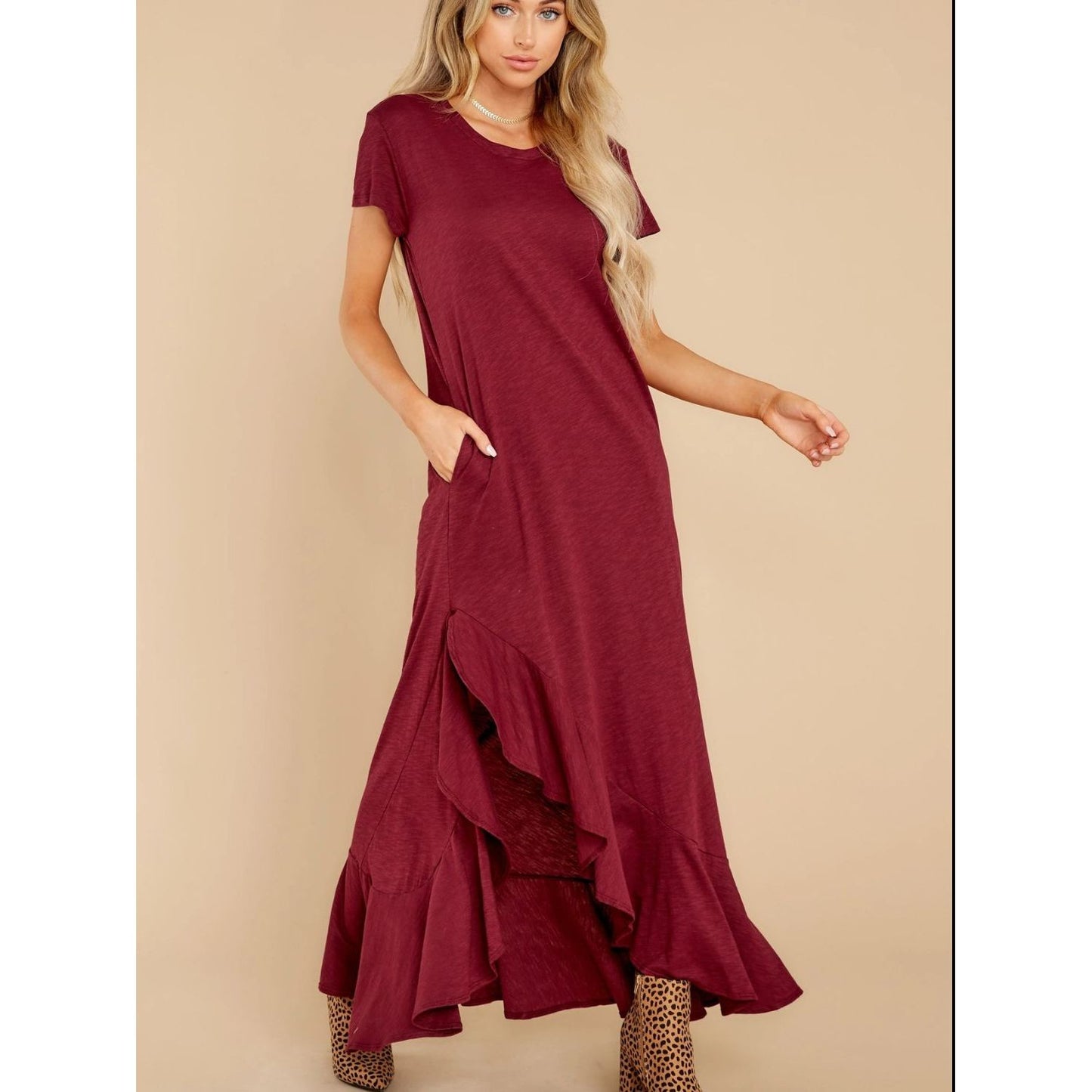 Slit Round Neck Short Sleeve Maxi Dress