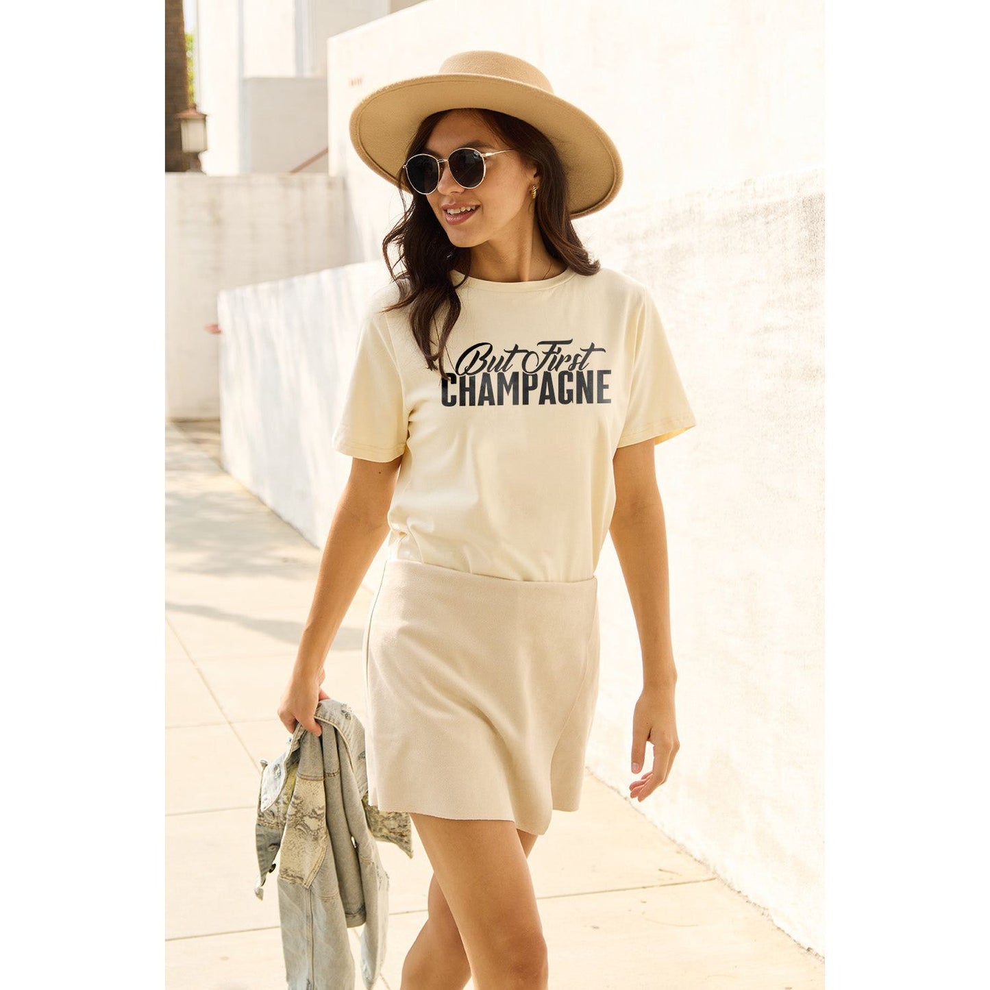 Simply Love Full Size BUT FIRST CHAMPAGNE Round Neck T-Shirt