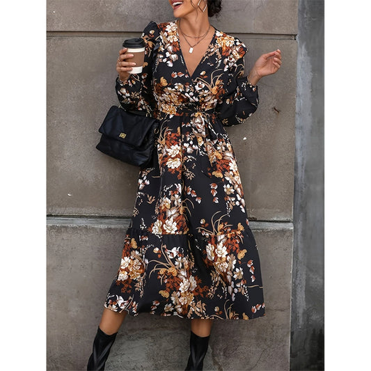 Ruffled Printed Surplice Long Sleeve Midi Dress