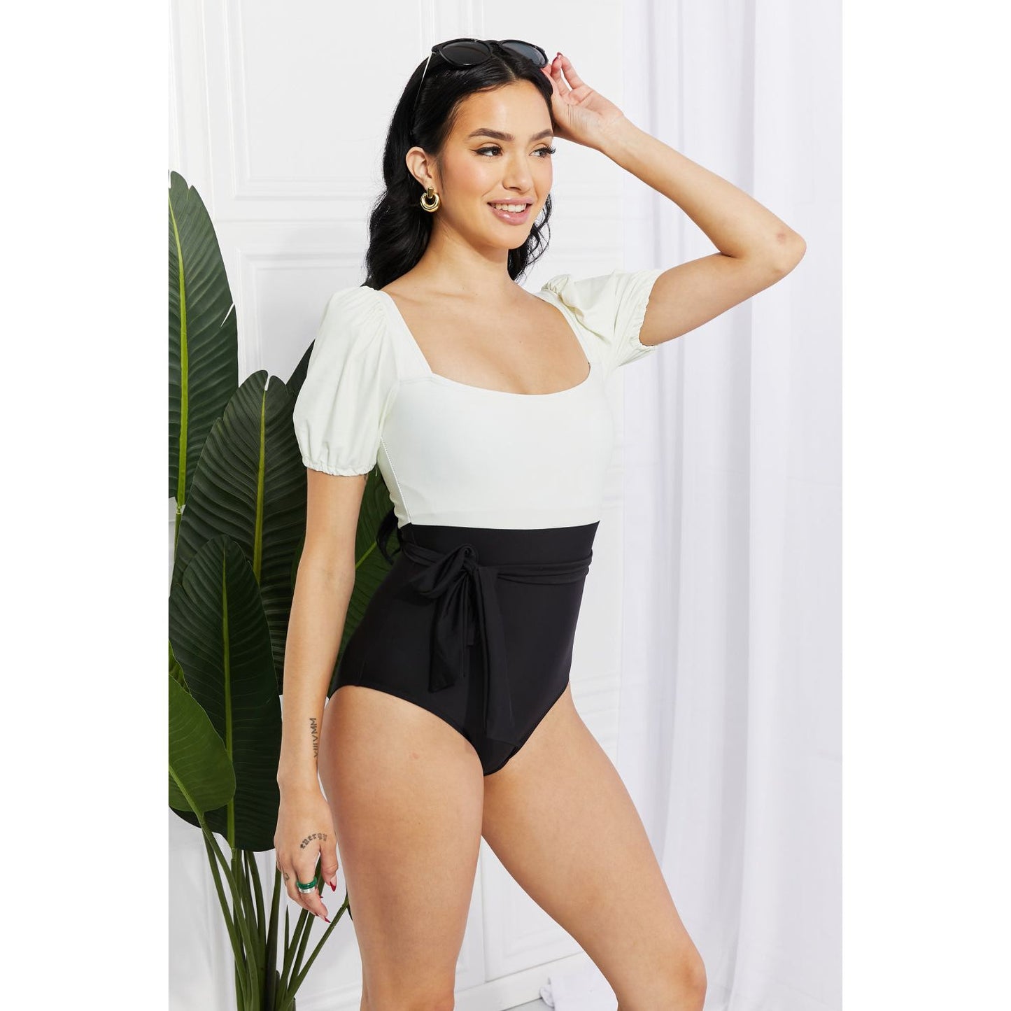 Marina West Swim Salty Air Puff Sleeve One-Piece in Cream/Black