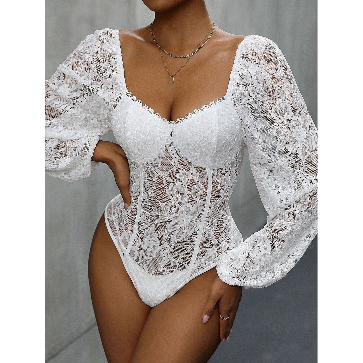 Perfee Lace Balloon Sleeve Bodysuit