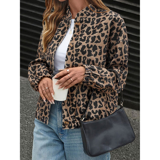 Perfee Leopard Button Up Long Sleeve Jacket