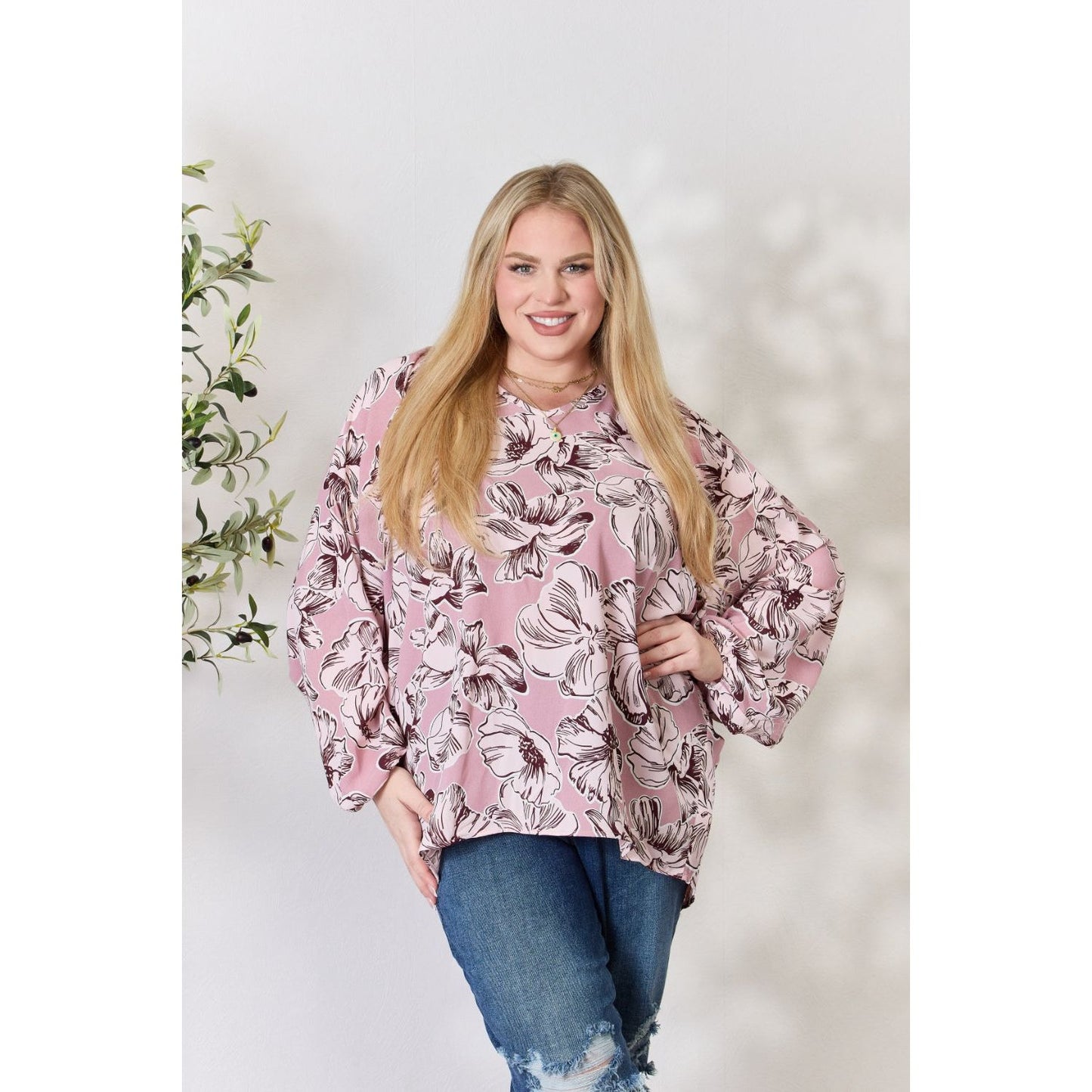 Heimish Full Size Floral V-Neck Balloon Sleeve Blouse