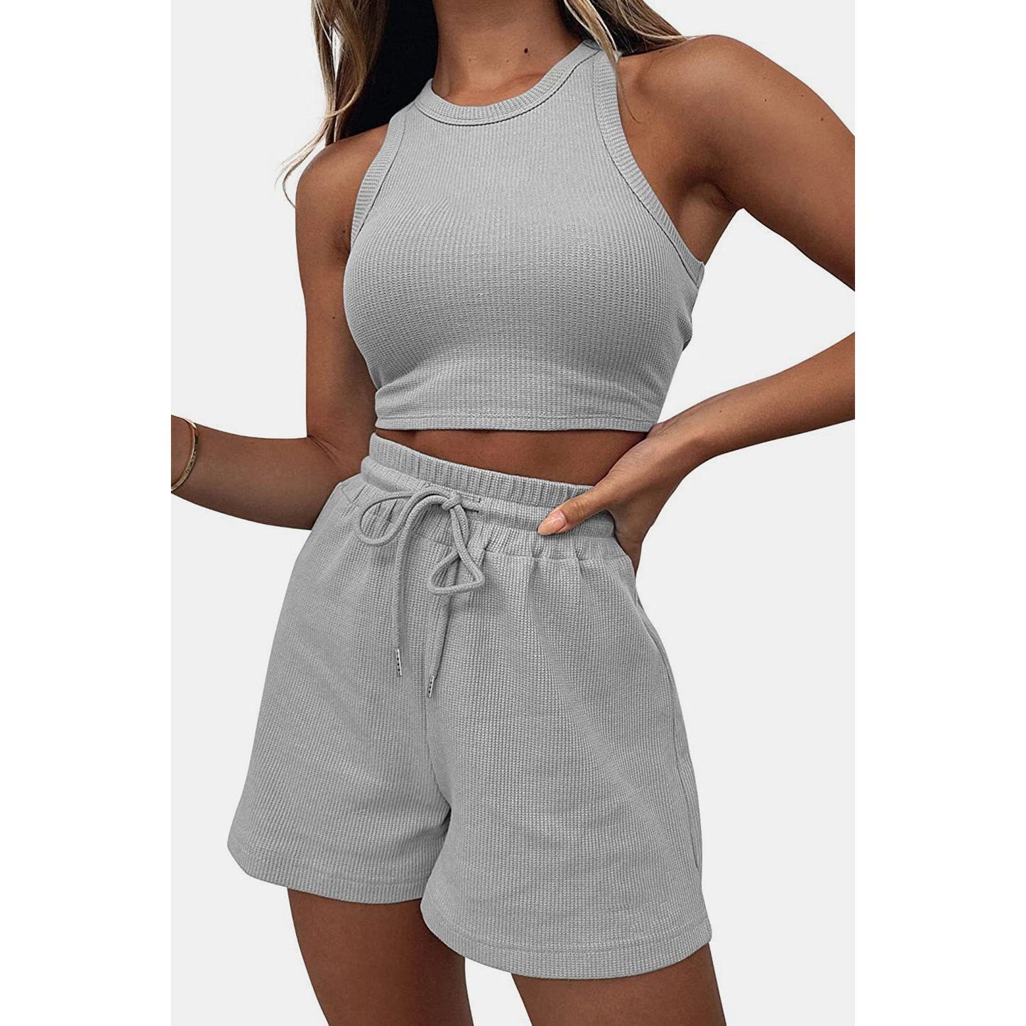 Round Neck Top and Drawstring Shorts Set