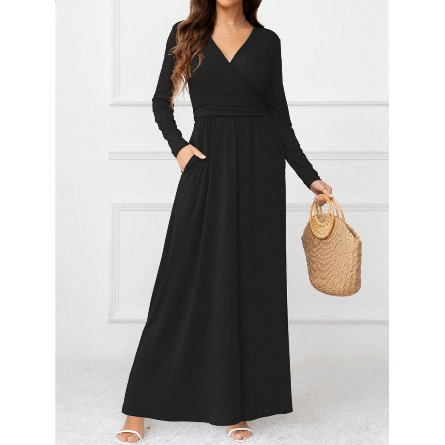 Pocketed Surplice Long Sleeve Maxi Dress