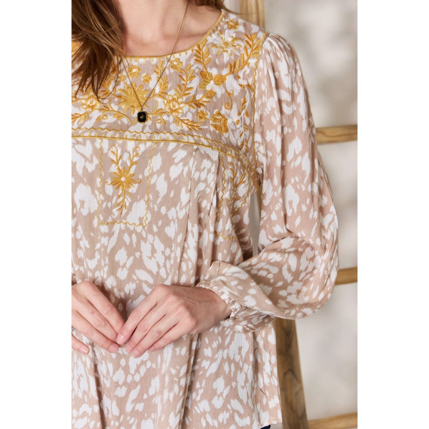 Hailey & Co Embroidered Printed Balloon Sleeve Blouse