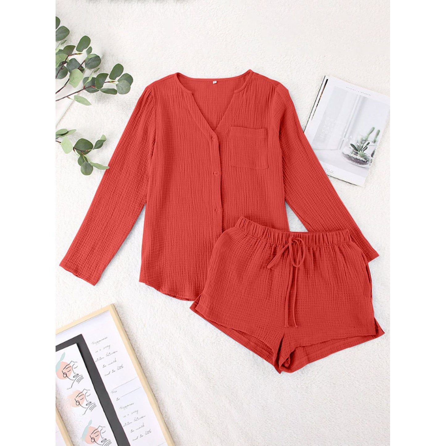 Notched Long Sleeve Top and Shorts Set