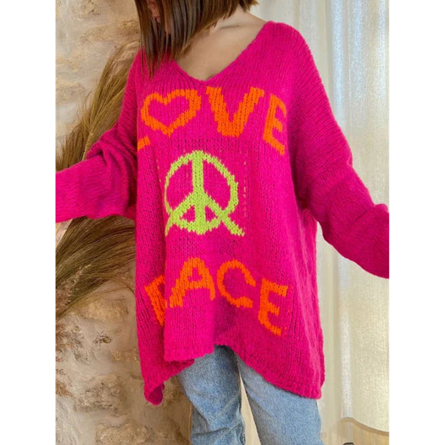 Peace Graphic V-Neck Long Sleeve Sweater