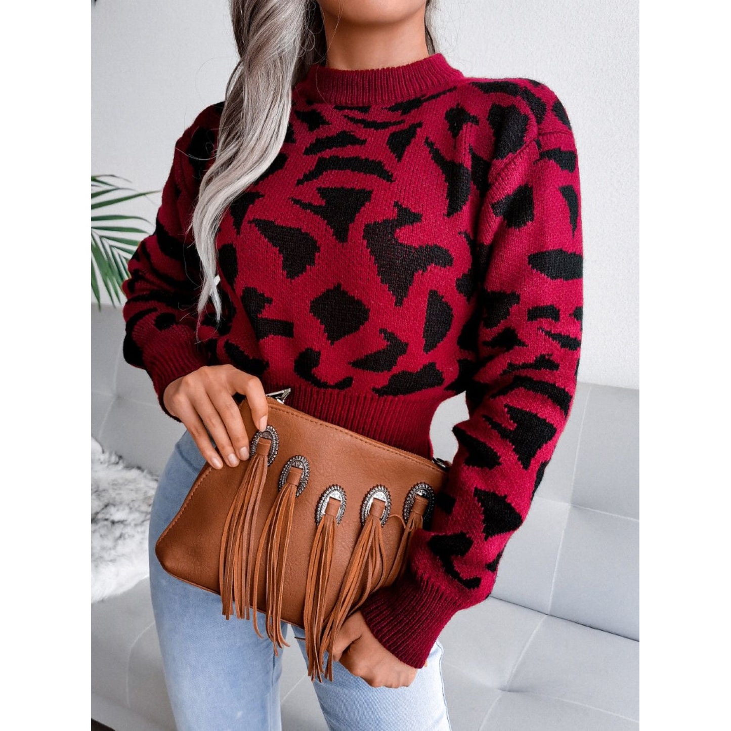 Leopard Round Neck Dropped Shoulder Sweater